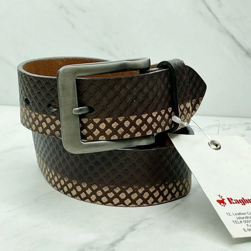 Basket Weave Embossed Brown Leather Belt Size 34